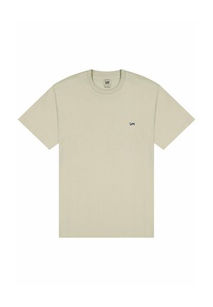 Beige T-Shirt mit kurzen Ärmeln und Rundhalsausschnitt, mit kleinem schwarz-weißem "Lee"-Logo auf der linken Brust.