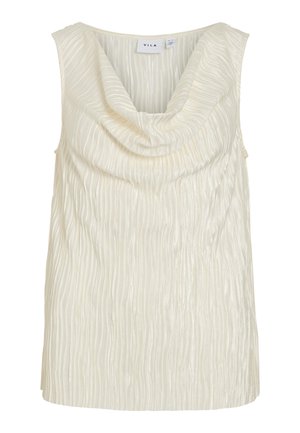 Ärmklänning i krämfärg med draperad cowl-krage och en texturerad, ribbad mönster. Slät tyg med en lätt glans.