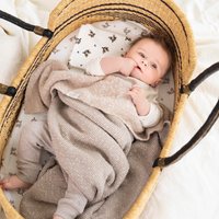 Korbtaschen-Wiege mit dunklen Griffen, ausgekleidet mit einem cremefarbenen Stoff, der kleine braune Blumenmuster aufweist. Das Kind ist in beigen strukturierten Decken eingewickelt.