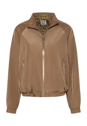 Light brown zip-up jacket with elastic cuffs and hem, two zippered side pockets, and a camouflage-patterned inner lining.