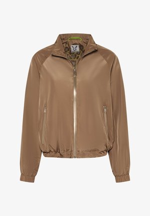 Light brown zip-up jacket with elastic cuffs and hem, two zippered side pockets, and a camouflage-patterned inner lining.