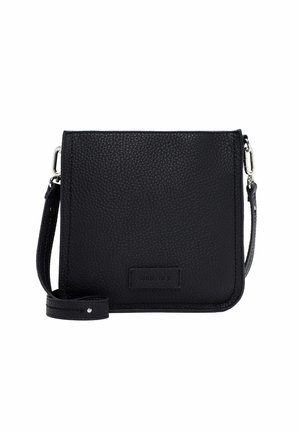 Black leather crossbody bag with a textured finish, rectangular shape, adjustable strap, and front logo plaque. Silver-tone hardware accents.