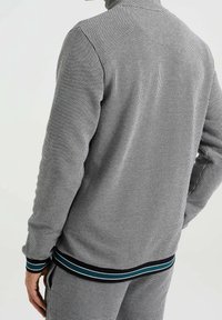 Grå mönstrad zip-up jacka med hög krage, med ribbad fåll och ärmslut med teal- och svarta ränder. Texturerad tygdetalj synlig.