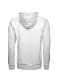 Sudadera blanca con capucha ajustable, mangas largas, puños y dobladillo acanalados. Textura suave con un diseño simple y sin adornos.