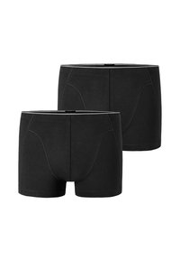 Black cotton boxer shorts with a smooth texture, featuring a contrasting white waistband and stitched detailing, presented in a set of two.