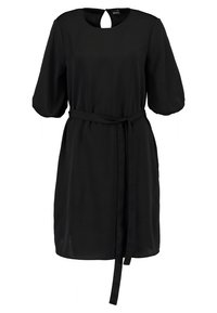 Černé šaty s krátkými nafouknutými rukávy, kulatým výstřihem a otvorem na zádech. Obsahují ladící pásek uvázaný v pase. Hladká tkanina.