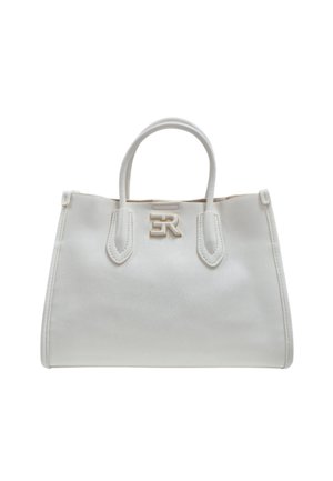 Borsa bianca realizzata in materiale liscio con duplice manico superiore, dotata di logo "ER" impresso al centro e forma rettangolare strutturata.