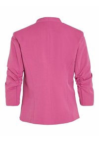 Růžový sako s přiléhavým střihem, hladkým povrchem, vykrojenými rameny a nařasenými rukávy. Čisté linie a upravený zadní design.