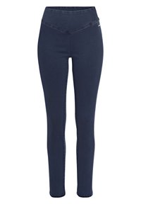 Dunkelblaue Denim-Leggings mit hohem Bund, die eine V-förmige Nahtdetails an der Vorderseite aufweisen und eine glatte, dehnbare Textur haben.
