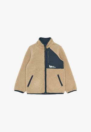 Tamna flis jakna s tamnoplavim zatvaračima, visokim ovratnikom i crnim naglascima na rukavima. Ima logo na području prsiju.