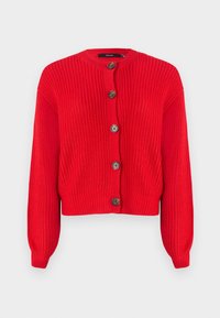 Cardigan rouge tricoté à manches longues avec cinq grands boutons marron sur le devant, doté d'un col rond et d'une texture côtelée.