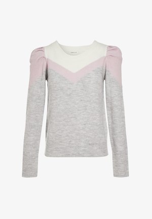 Grauer, langärmeliger Pullover mit V-förmigem Design; weiße und hellrosa Farbblöcke auf den Schultern; weicher Stoff mit gerippten Bündchen.