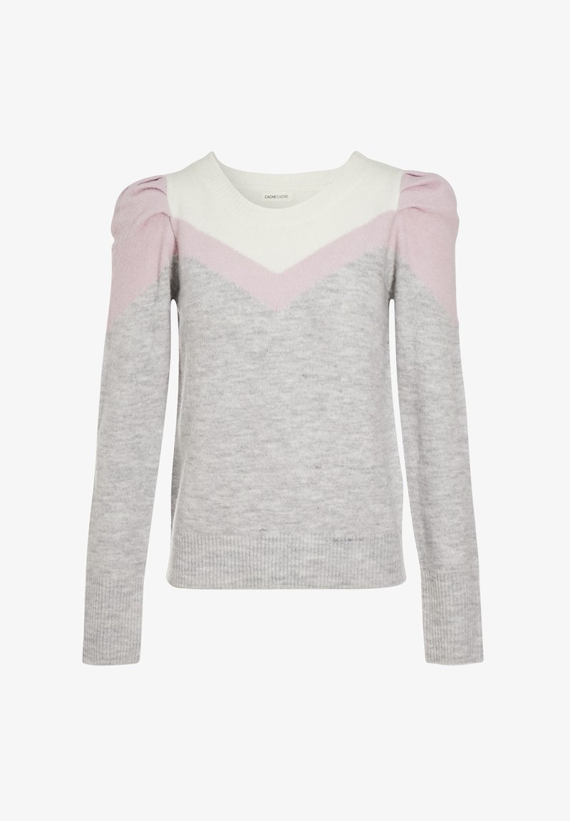 Pull en maille gris à manches longues avec un design en V ; blocs de couleurs blancs et rose clair sur les épaules ; texture douce avec des poignets côtelés.