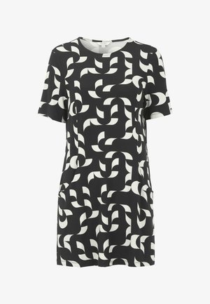 Robe noire et blanche à manches courtes, ornée d'un motif géométrique de lignes courbes. Fabriquée en tissu doux, elle comprend deux poches latérales.