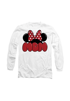 White long-sleeve shirt with cartoon black mouse ears, a red and white polka dot bow, and the word "MOM" in large red letters below.