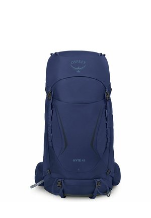 Sac à dos de randonnée Osprey Kyte 48 bleu foncé avec bretelles ajustables, poche avant et boucles de compression latérales.
