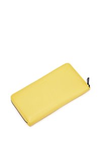 Yellow leather wallet with a slim, rectangular design. It features a zip closure and embossed branding on the front. Smooth texture.
