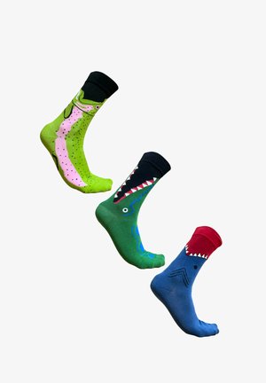 Three pairs of crew socks: green with pink fish, dark green with blue design, and blue with red shark mouth. Cotton blend, assorted colors.