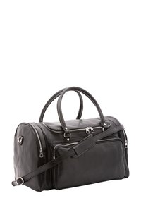 Borsa da viaggio in pelle nera con due manici, tracolla staccabile, doppia zip sul compartimento principale e una tasca frontale.