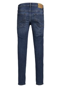 Dark blue denim jeans with straight-cut legs, five pockets, and a leather patch on the back waistband. Visible stitching and faded texture.