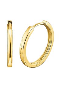 Guldörhängen med en slät, polerad yta, cirkelform och sömlöst stängningsdesign. Tunn profil, minimalistisk detaljering.