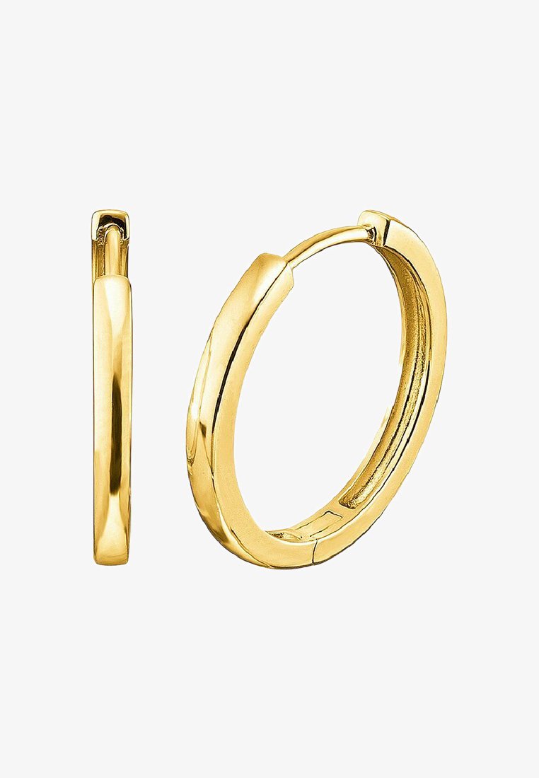 Guldörhängen med en slät, polerad yta, cirkelform och sömlöst stängningsdesign. Tunn profil, minimalistisk detaljering.