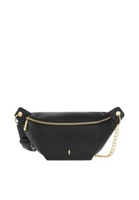 Czarna skórzana nerka z złotym zamek błyskawiczny, akcentem łańcuszka i zakrzywionym kształtem. Posiada logo z przodu oraz regulowany pasek.