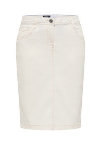 Jupe en denim beige à coupe droite, avec poches avant, fermeture par bouton supérieur et subtiles détails de couture le long des coutures.