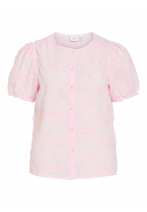 Light pink short-sleeve blouse with puffed sleeves, front button closure, and small textured floral appliqués throughout the fabric.