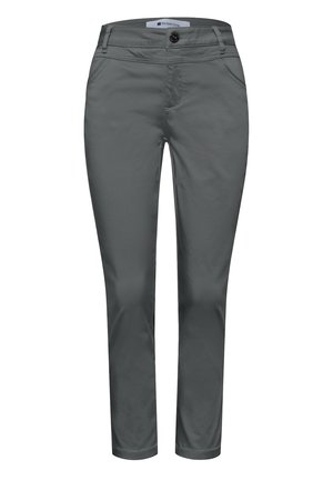 Damen schlanke graue Hose mit Fronttaschen, Knopfverschluss und mittelhohem Bund, mit dem Label „Street One“.