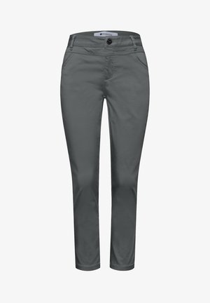 Damen schlanke graue Hose mit Fronttaschen, Knopfverschluss und mittelhohem Bund, mit dem Label „Street One“.