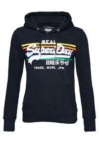 Felpa con cappuccio blu navy, tasca frontale, strisce multicolori, testo "Real SuperDry", caratteri giapponesi e cordini sul cappuccio.