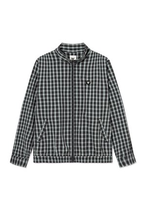 Črno-siva karo jopiči z zadrgo, stoječim ovratnikom, dvema sprednjima žepoma, elastičnim spodnjim robom in majhno črno logotipsko značko na prsih.