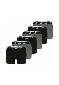Six pairs of Puma boxer briefs in black and gray, arranged in alternating colors, with branded black waistbands.