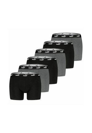 Sechs Paare Puma Boxer Shorts in Schwarz und Grau, in abwechselnden Farben angeordnet, mit schwarzen, gebrandeten Bündchen.