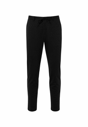 Schwarze, strukturierte Freizeit-Herrenhose mit Kordelzugbund und Gürtelschlaufen, gerader Schnitt.