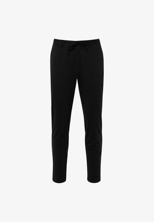 Men's black textured casual pants with drawstring waistband and belt loops, straight-leg fit.