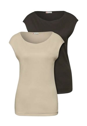 Dwie damskie koszulki z krótkim rękawem i okrągłym dekoltem, jedna beżowa z przodu, druga czarna z tyłu, o prostym designie z małymi etykietami marki wewnątrz przy szyi.