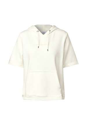 Short cream hoodie with a front pocket, short sleeves, and a drawstring hood. Text “ENDLESS NATURE” embroidered on the front. Smooth texture.