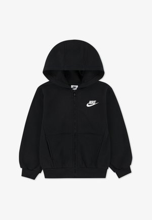 Felpa nera con zip realizzata in tessuto morbido, con tasca frontale, polsini a coste e un piccolo logo Nike bianco sul petto a sinistra.