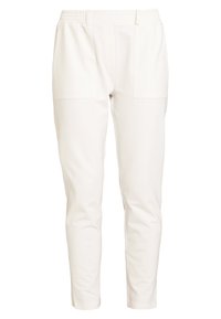 Pantaloni con fascia elastica bianca e design a gamba affusolata. Presentano due tasche frontali e una texture liscia.