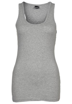 Graues ärmelloses Racerback-Top mit rundem Ausschnitt und Bench-Markenlabel am hinteren Kragen.