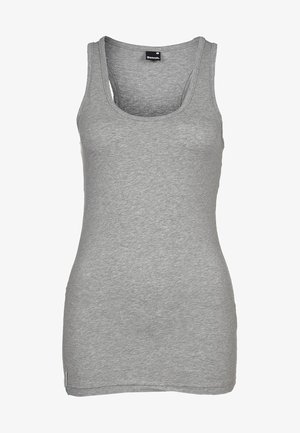 Graues ärmelloses Racerback-Top mit rundem Ausschnitt und Bench-Markenlabel am hinteren Kragen.