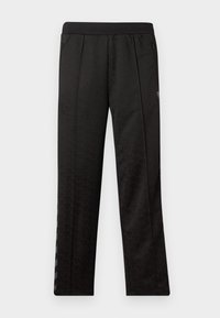 Pantaloni neri a gamba dritta con vita elastica, tasche laterali con cerniera, motivo discreto e strisce riflettenti vicino alle caviglie.