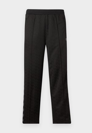 Black athletic pants with a textured pattern, elastic waistband, two zippered side pockets, and vertical stripes along the sides.