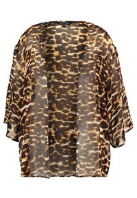 Lichtgewicht, doorschijnende kimono met een bruin-zwart abstract dierenprint. Voorzien van wijde mouwen en een open voorkant.