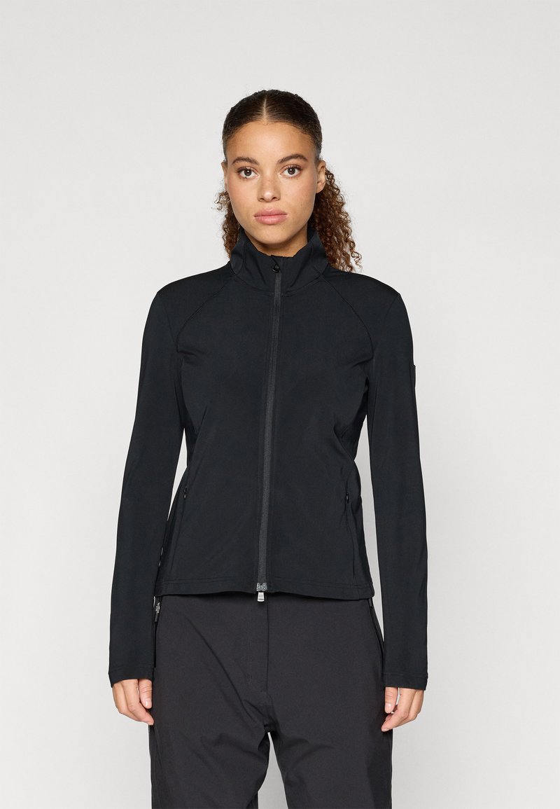 Juodas, prigludęs švarkas su aukštu apykakle ir visiškai užtraukiama užtrauktuku. Turtingos šoninės kišenės ir sklandžiai, tampriai medžiagai skirtas patogumui.