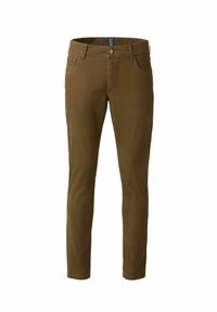 Schlanke braune Herrenhose mit Knopfverschluss, Gürtelschlaufen und Fronttaschen, auf einem weißen Hintergrund präsentiert.