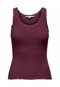 Bordeauxkleurige tanktop met geribbelde structuur, kantafwerking bij de halslijn en armsgaten, smalle pasvorm en gezaagde zoom. Ontworpen voor laagjes of casual gebruik.
