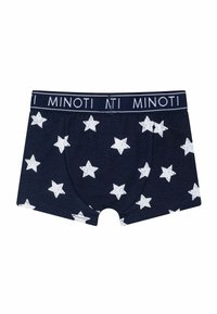 Gornji dio bokserica tamnoplave boje s uzorkom bijelih zvijezda i elastičnom trakom s oznakom "MINOTI" u bijelom tekstu. Mekani, rastezljivi materijal.